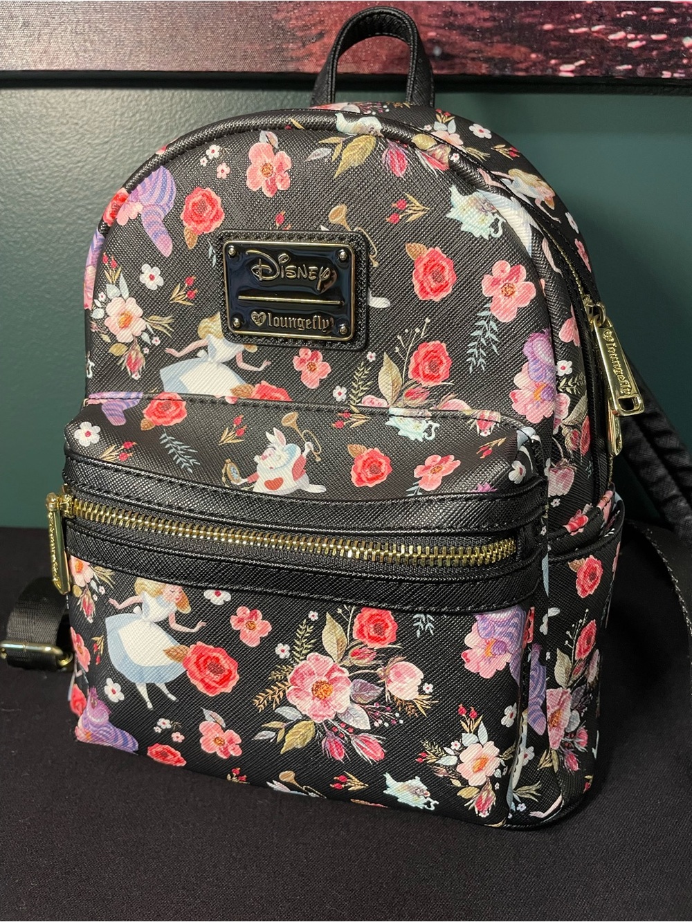 Loungefly Black Floral Alice in Wonderland Mini Backpack